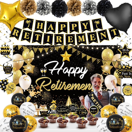 Retirement Party Decorations for Men Women, Black Gold Happy Retirement Decorations, Banner, Retired Balloons, Backdrop, Sash, Pompoms, Swirls Hanging