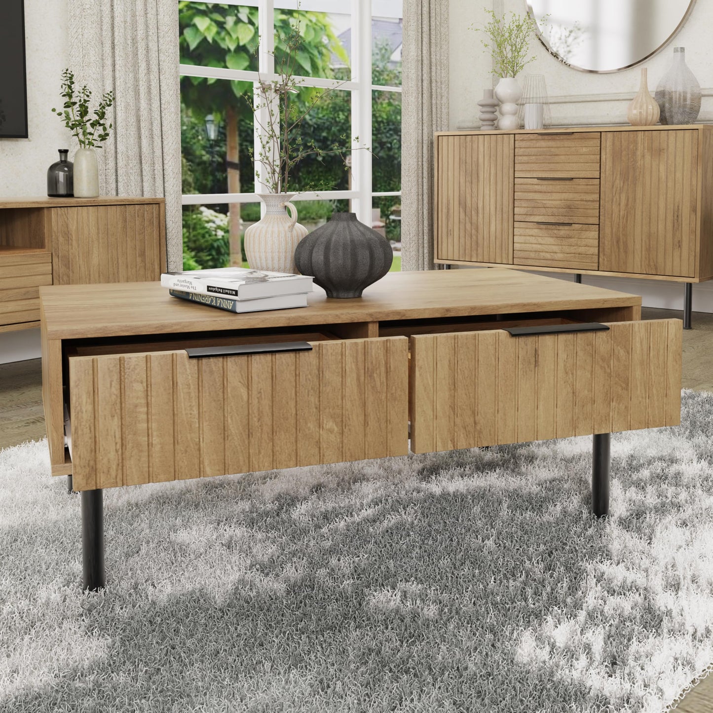 GFW Nervata Coffee Table, Oak Effect Coffee Table with 2 Drawers, Art Deco Style Living Room Table with Gold Accents and Wood Grain Texture