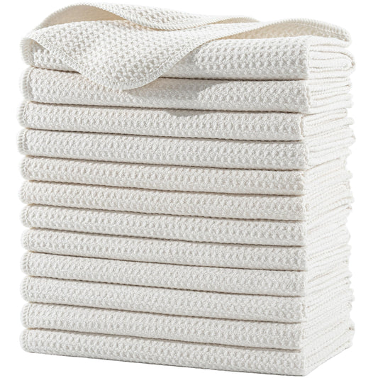 POLYTE Premium Microfibre Kitchen Dish Tea Towel Waffle Weave (Off White, 40x71) 12 Pack