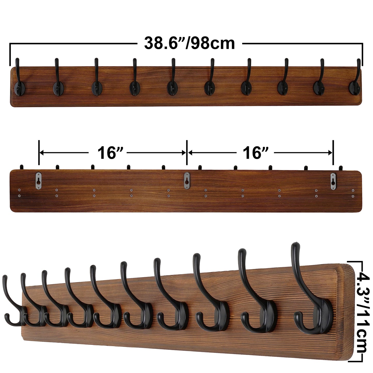 SKOLOO Farmhouse Style Wall Mounted Coat Rack, Pack of 2, Pine Solid Wood Coat Hook Hanger - 10 Hooks for Hanging Clothes Robes Towels Coats