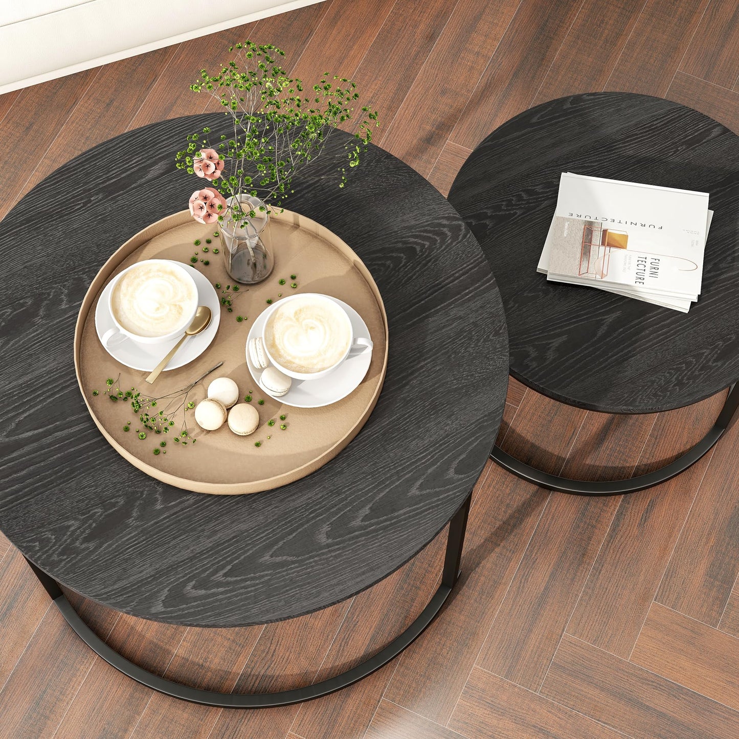 HOJINLINERO Round Coffee Table Side Table Set of 2 for Living Room,Black Coffee Table Nesting Tables Metal Frame with Wood Look,Sturdy and Easy
