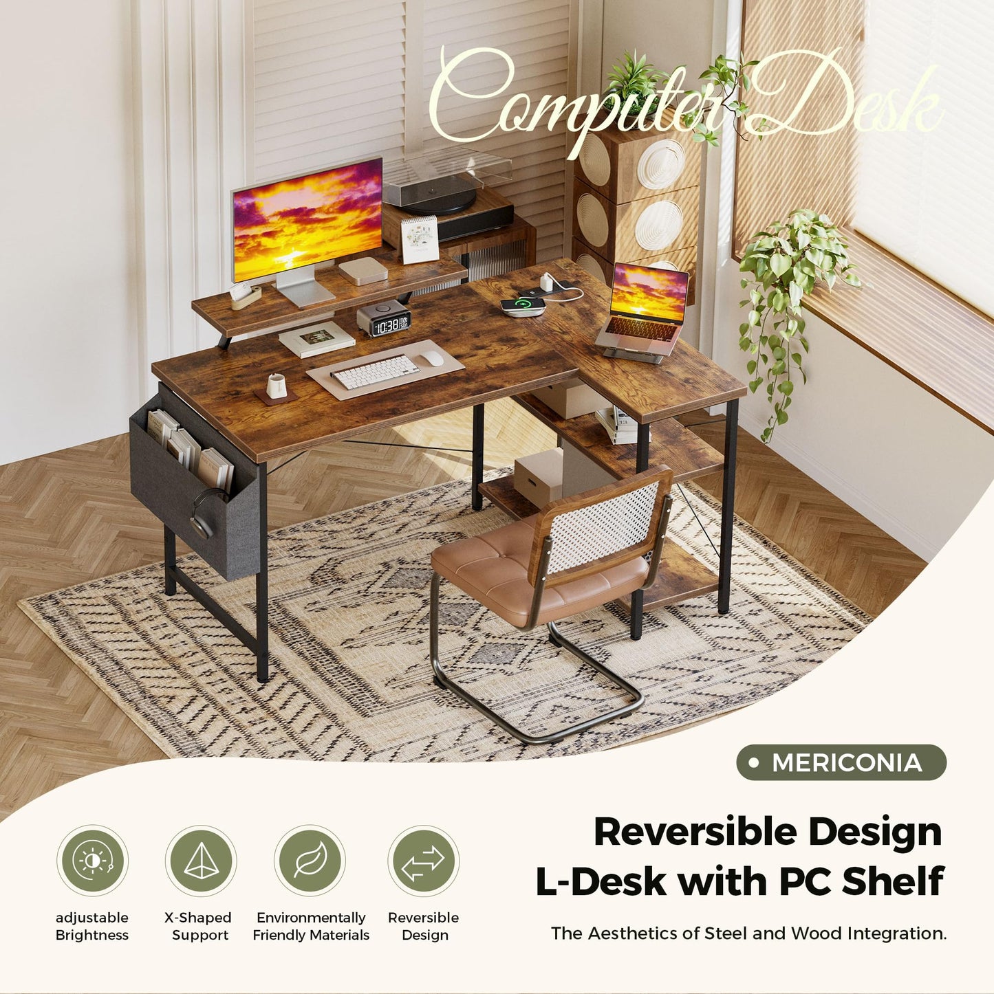 Mericonia Corner Desk, w. Monitorstand & Built-in Socket, 140x70cm, Brown