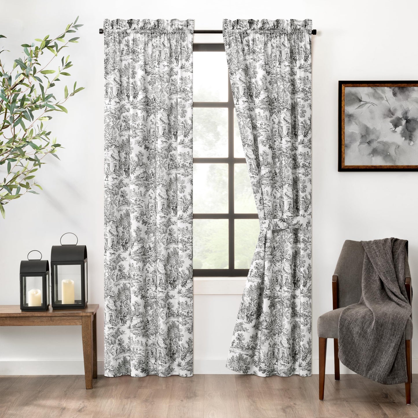 Ellis Curtain Victoria Park Toile 68-Inch-by-72 Inch Tailored Panel Pair with Tiebacks, Black