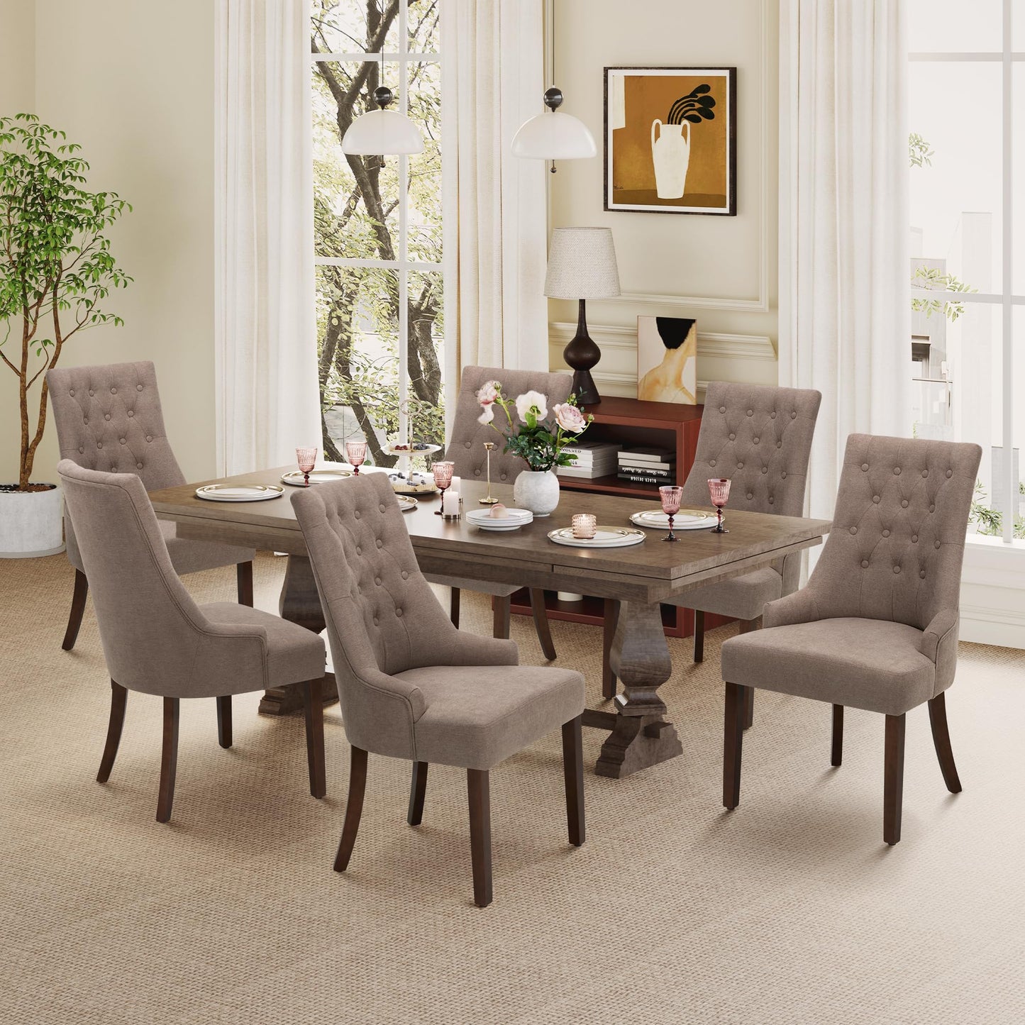 MALOL Upholstered Dining Chairs Set of 6, Wingback Dining Room Chairs with Tufted Button, High Back Kitchen Chairs with Solid Wood Legs