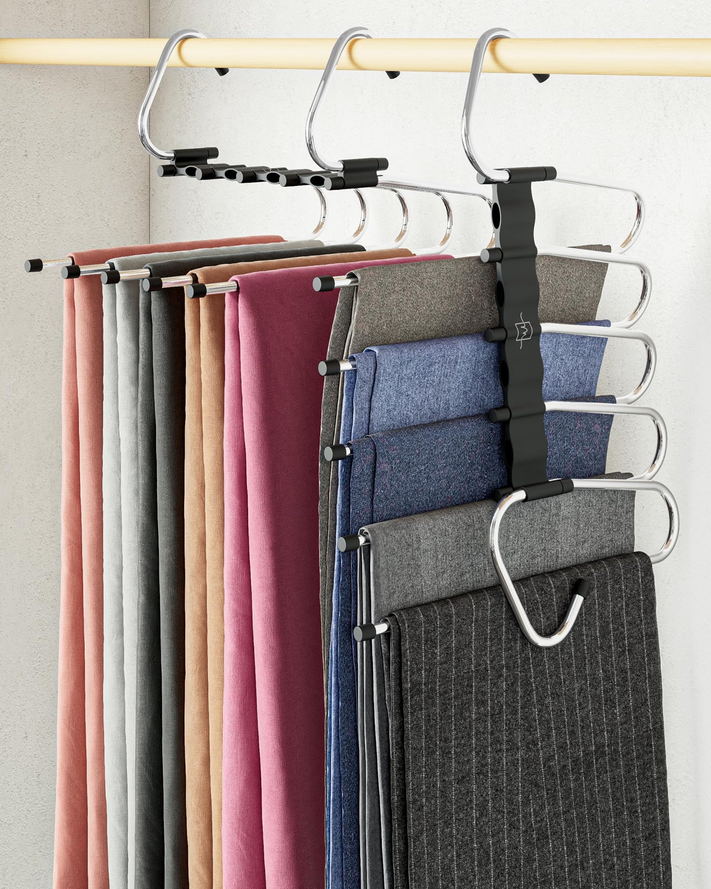 MORALVE Trousers Hangers Space Saving - 2 Pack - Non-Slip Multi-Layer Space Saving Hangers - Multifunctional Clothing Rack for Closet Storage