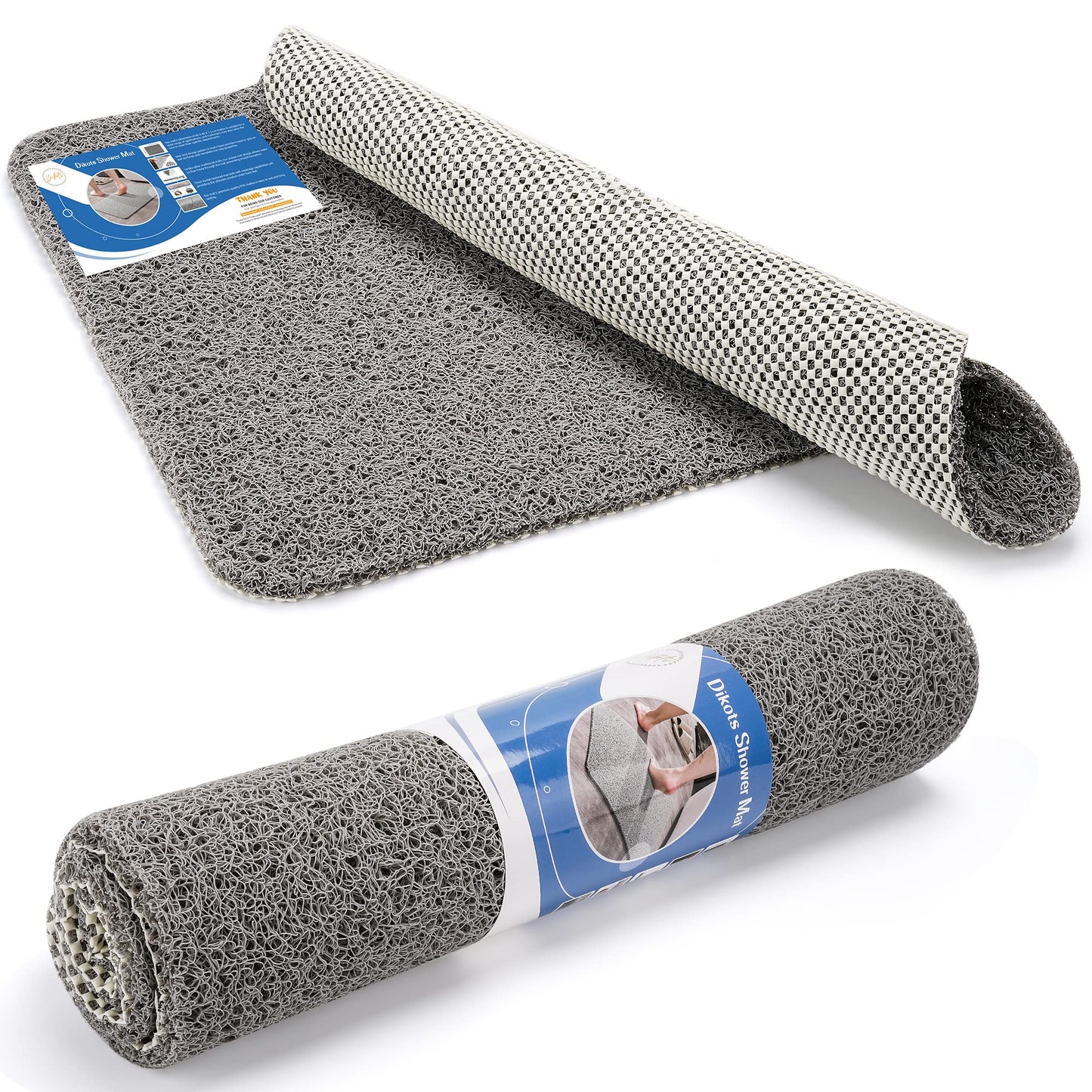 Dikots Soft Shower Bath Mat - Non Slip, Anti Mould 60 x 40 cm - Grey Loofah Style PVC Mat for Inside Shower - Washable, Quick Drying