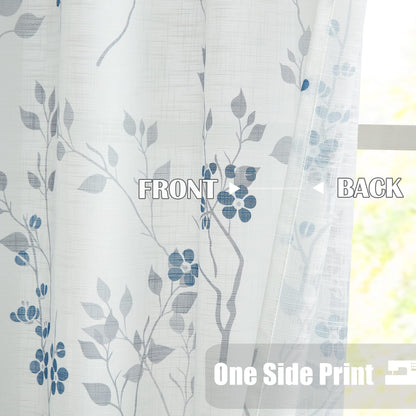 Beauoop Blue Grey Semi Sheer Floral Curtains for Living Room 90 Drop Linen Textured Farmhouse Curtains for Bedroom Leaf Printed Eyelet Rustic Drapes