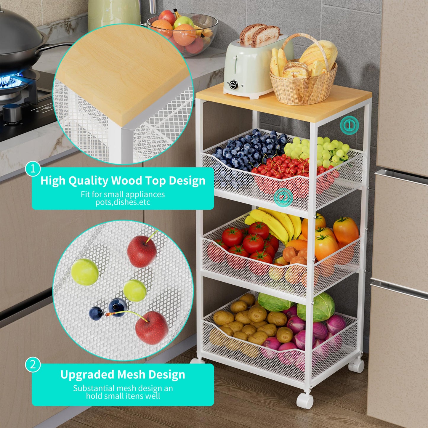 HapiRm Fruit Basket Kitchen Cart - 4-Tier Kitchen Storage Trolley on Wheels