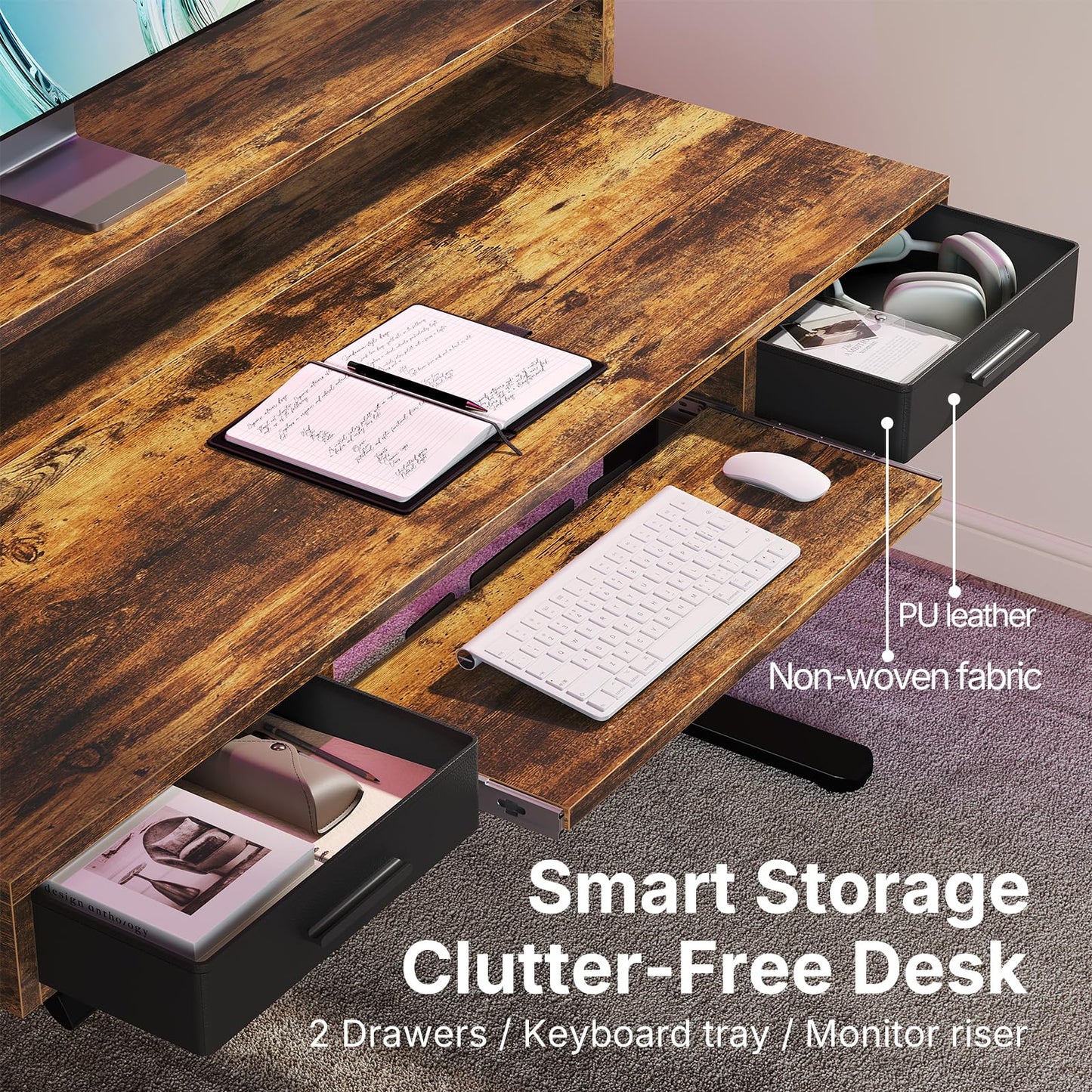 HUANUO 140 x 66cm Standing Desk with Drawers & 64cm Large Keyboard Tray, Electric Standing Desk with 4 Memory Height Settings for Home Office