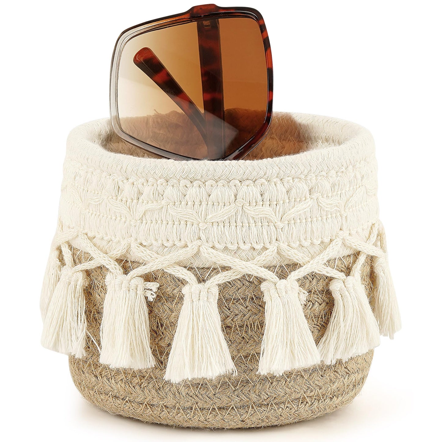 Linkidea Extra Large Sunglasses Desk Holder Stand Compatible with Extra Large Glasses, Brown Cotton Rope Eyewear Storage Desk Display Basket