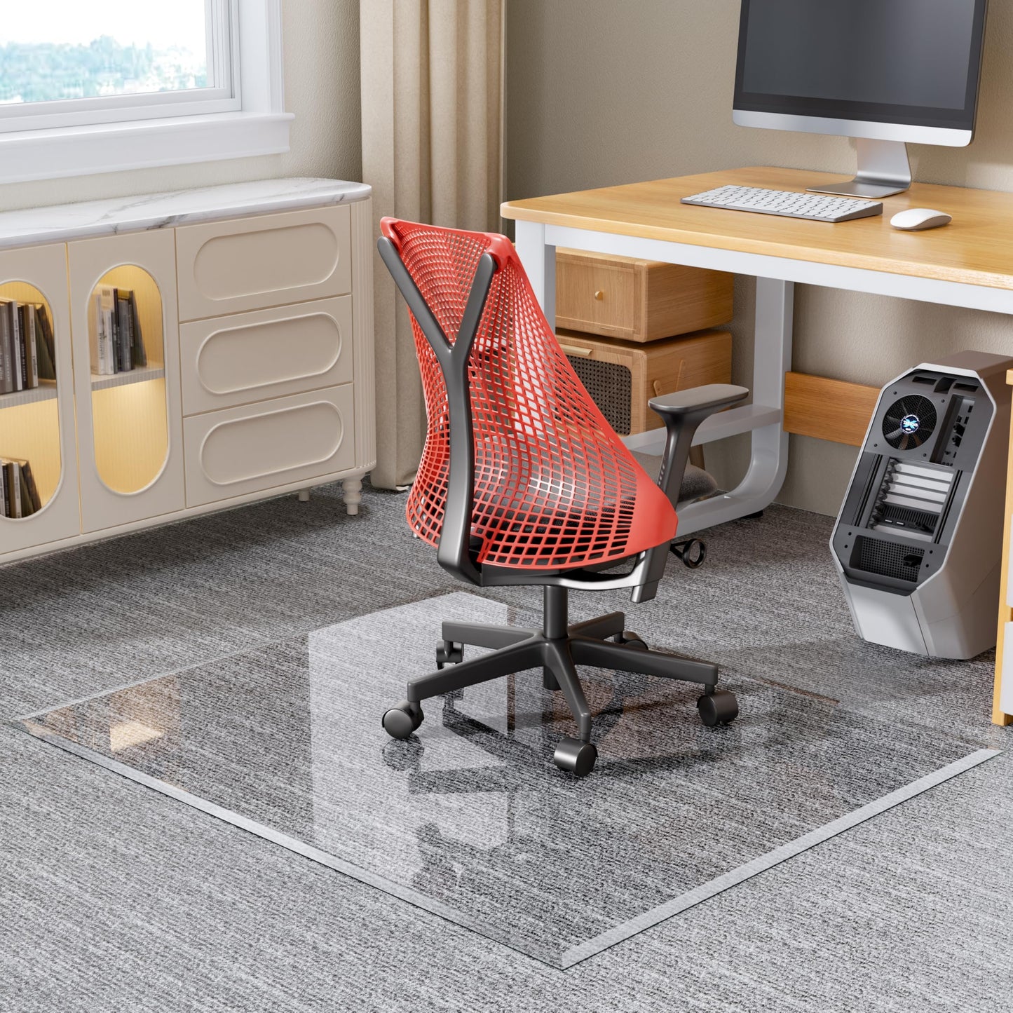[Tempered Glass] 140 x 116cm Beveled Edge Glass Chair Mat with Polished Edge Clear Office Chair Mat, Glides Smoothly