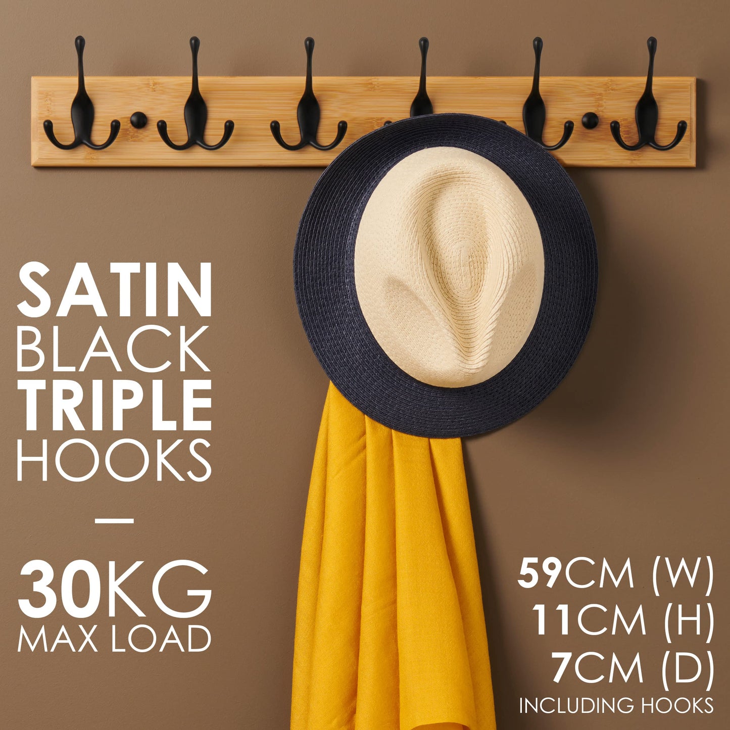 LARHN Wooden Wall-Mounted Coat Rack - 6 Black Coat Hooks, 59cm