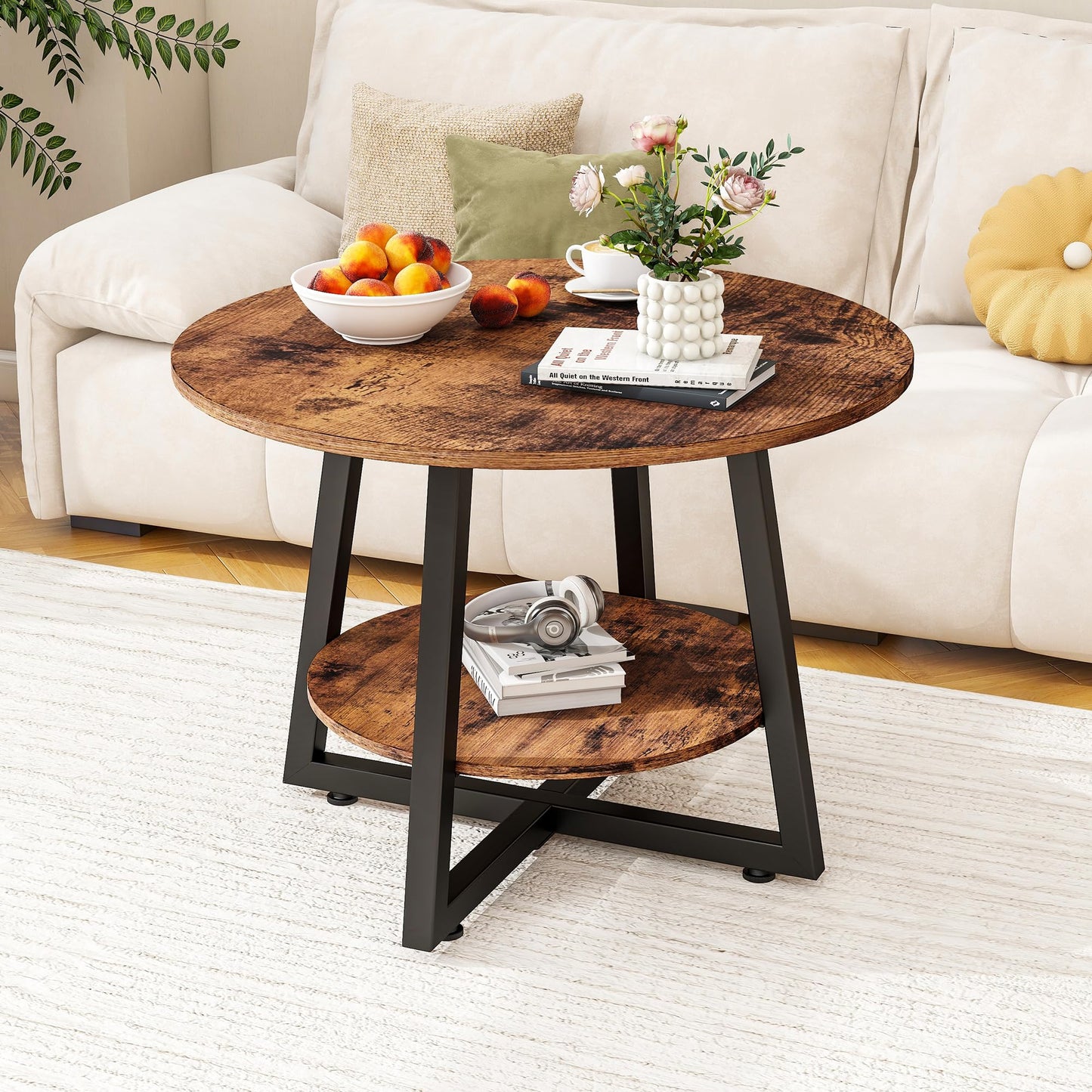 FOUBAM Round Coffee Table with Storage,Metal Small Coffee Table,Brown