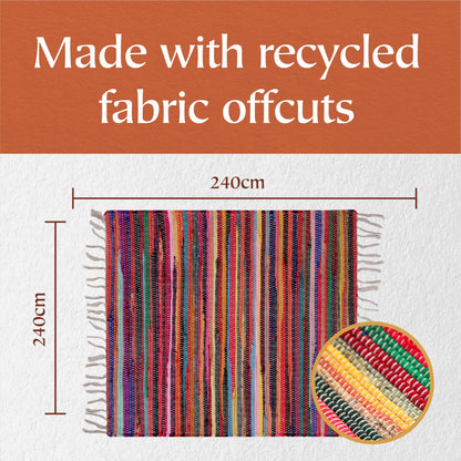 Second Nature Online - SHANTI Multi Coloured Rug | Hand Woven | Eco-Friendly: 100% Recycled Fabric | Ethically Sourced | Flat Weave (240 cm x 240 cm)