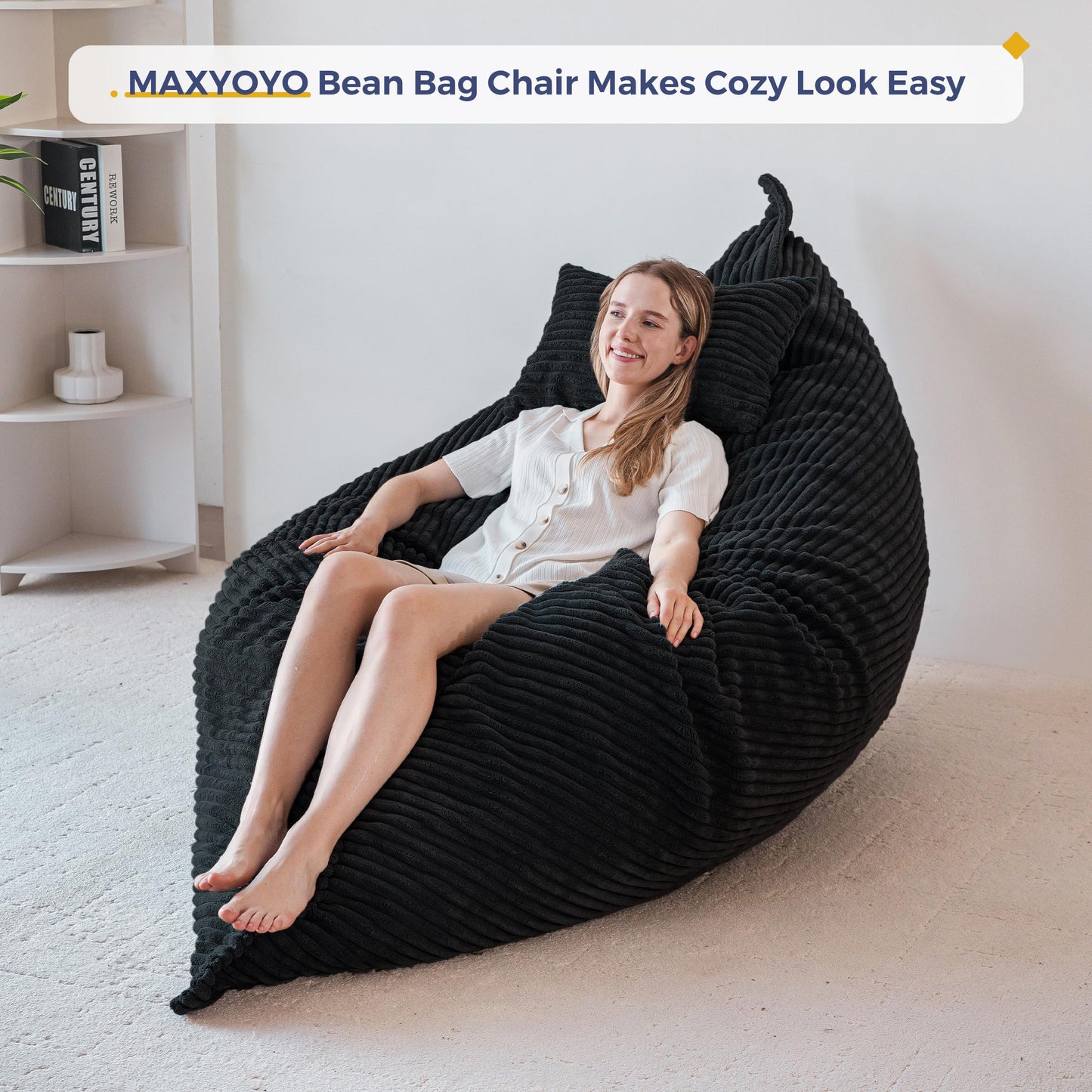 MAXYOYO Giant Bean Bag with Pillow, Soft Corduroy Removable Cover, Large Floor Cushion with Fluffy Foam Filling, BeanBag Chair for Adults & Kids