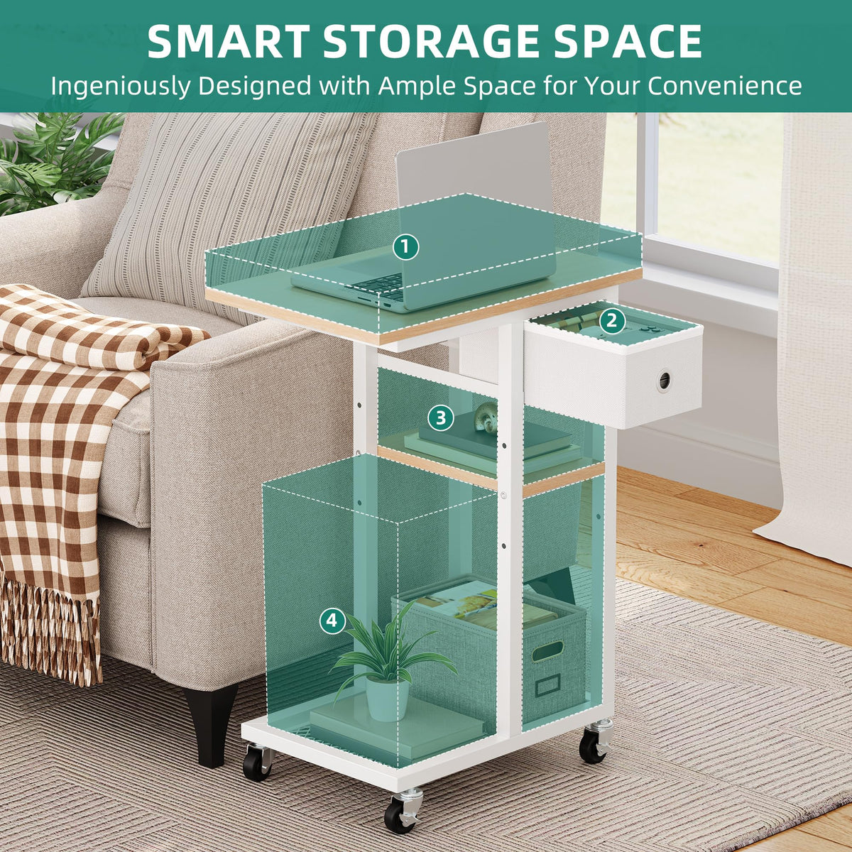 YITAHOME Bedside Table, C-Shaped Side Table with Fabric Drawer and Wheels