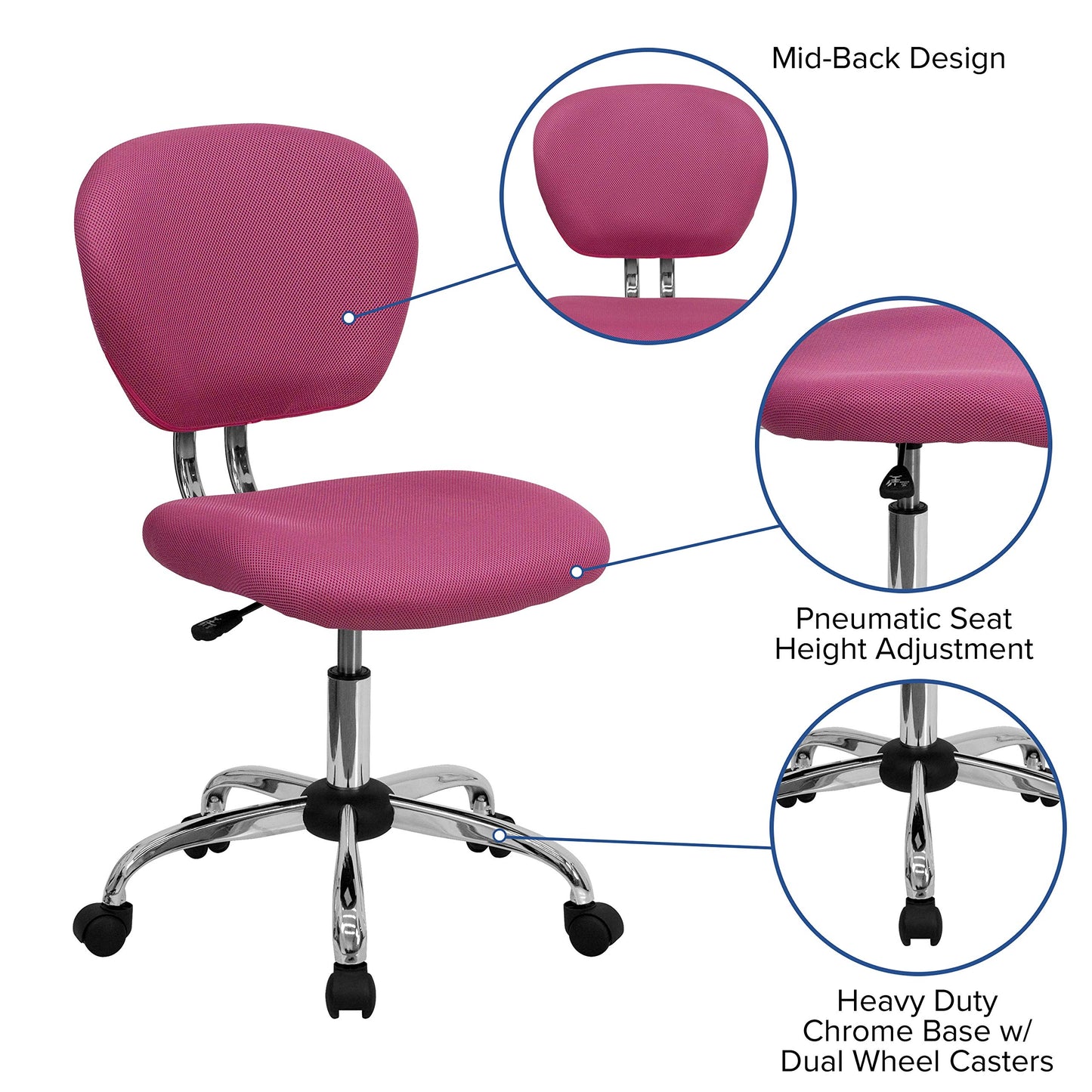 Flash Furniture Mid-Back Mesh Swivel Task Chair with Chrome Base, Metal, Pink, 58.42 x 55.88 x 25.4 cm