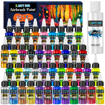 X ARTY HUB Airbrush Paint - 42 Colors with 120 ml Thinner, Iridescent, Neon and Metallic Air Brush Paints Acrylic Ready to Spray, Water-Based Airbrush