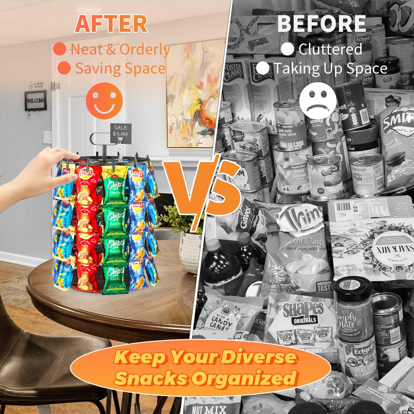 Simaixing 4 Tier Rotating Chip Rack Display Stand with 48 Clips, Countertop Chip Bag Holder with Wooden Base
