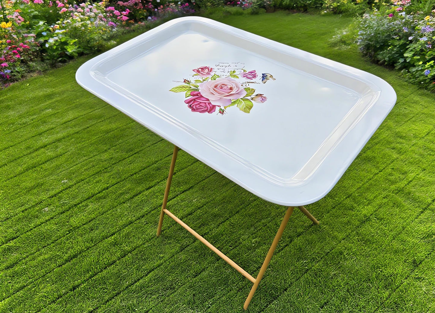 Ruweistar Portable Folding TV Tray Table with Floral Design, Grey Metal Frame, Side Table for Sofa (white)