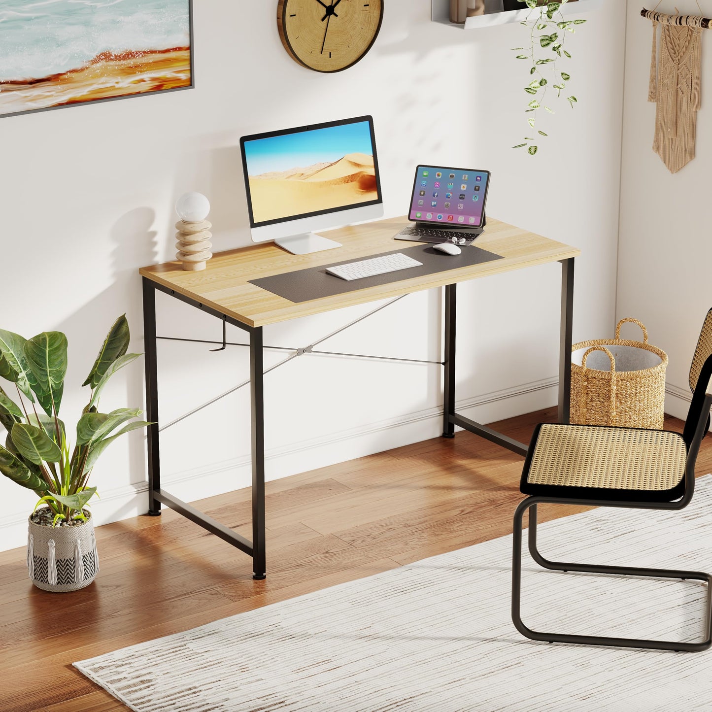 Flrrtenv 80cm Computer Desk, Gaming Desk with Sturdy Metal Frame and X-Shaped Design, Small Office Work Study Desk for Home, Natural