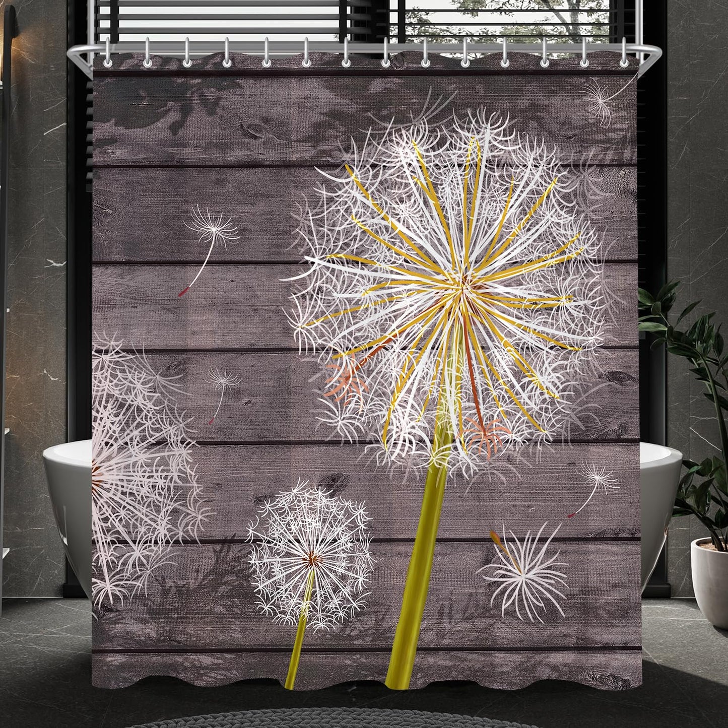 Lerores Shower Curtain, 240 x 200 cm, Dandelion, Weighted Hem, Anti-Mould Textile, Water-Repellent