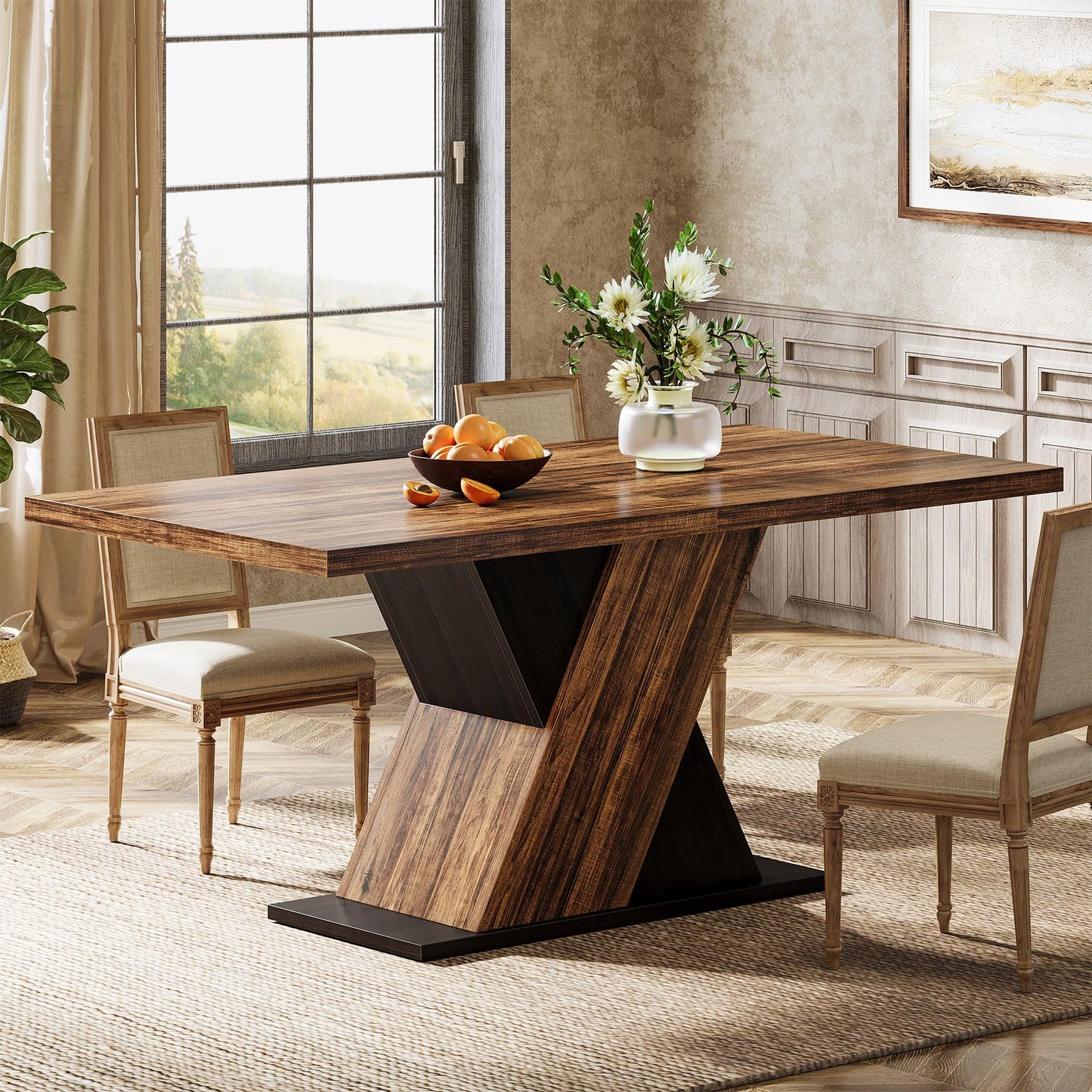 Tribesigns 55-Inch Farmhouse Dining Table for 4, Rectangle Rustic Brown Kitchen Dining Room Table, Wooden Dinner Table for Home Dining Room