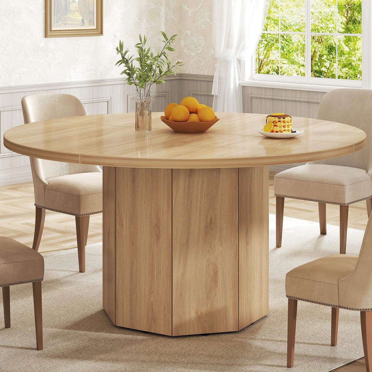 HSH Wooden Round Dining Table for 4, Modern Farmhouse Wood Dinner Table with Octagon Pedestal Base, Circular Kitchen Dining Room Table for Home