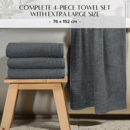 100% Cotton Extra Large Bath Towels Set of 4 76x152cm Dark Grey - 450 GSM