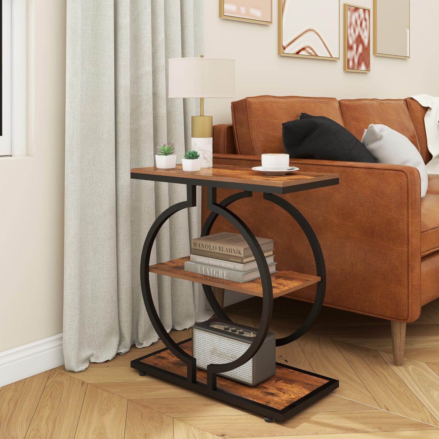 Trironsun Narrow End Table 3-Tier Round Side Table with Geometric O-Shaped Base Industrial Small Sofa Table for Living Room Slim Bedside Table