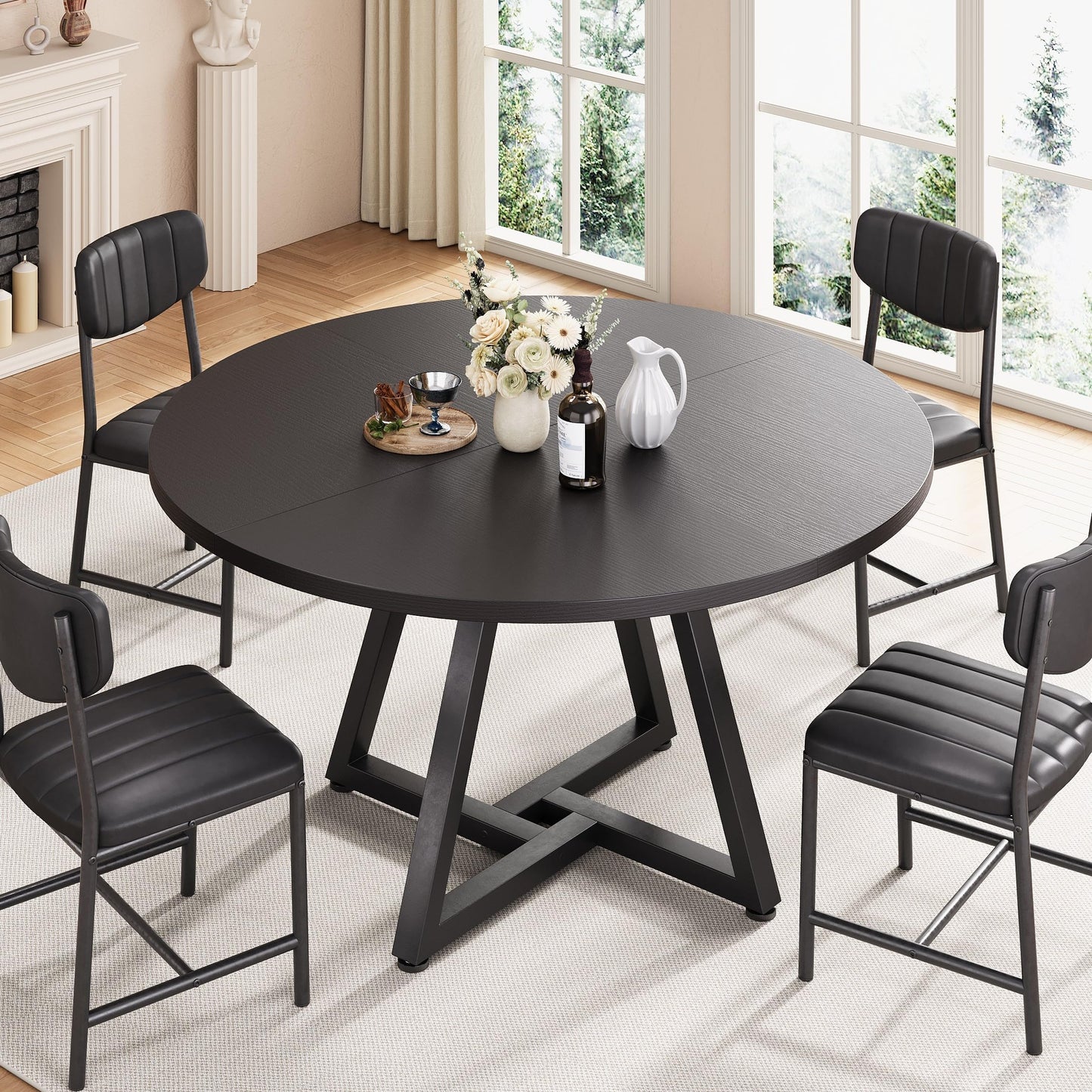 Jocoevol Round Kitchen Dining Table for 4 People, Circle Dinner Table with Metal Frame, Space Saving Wood Industrial Furniture (Black, 47 inch