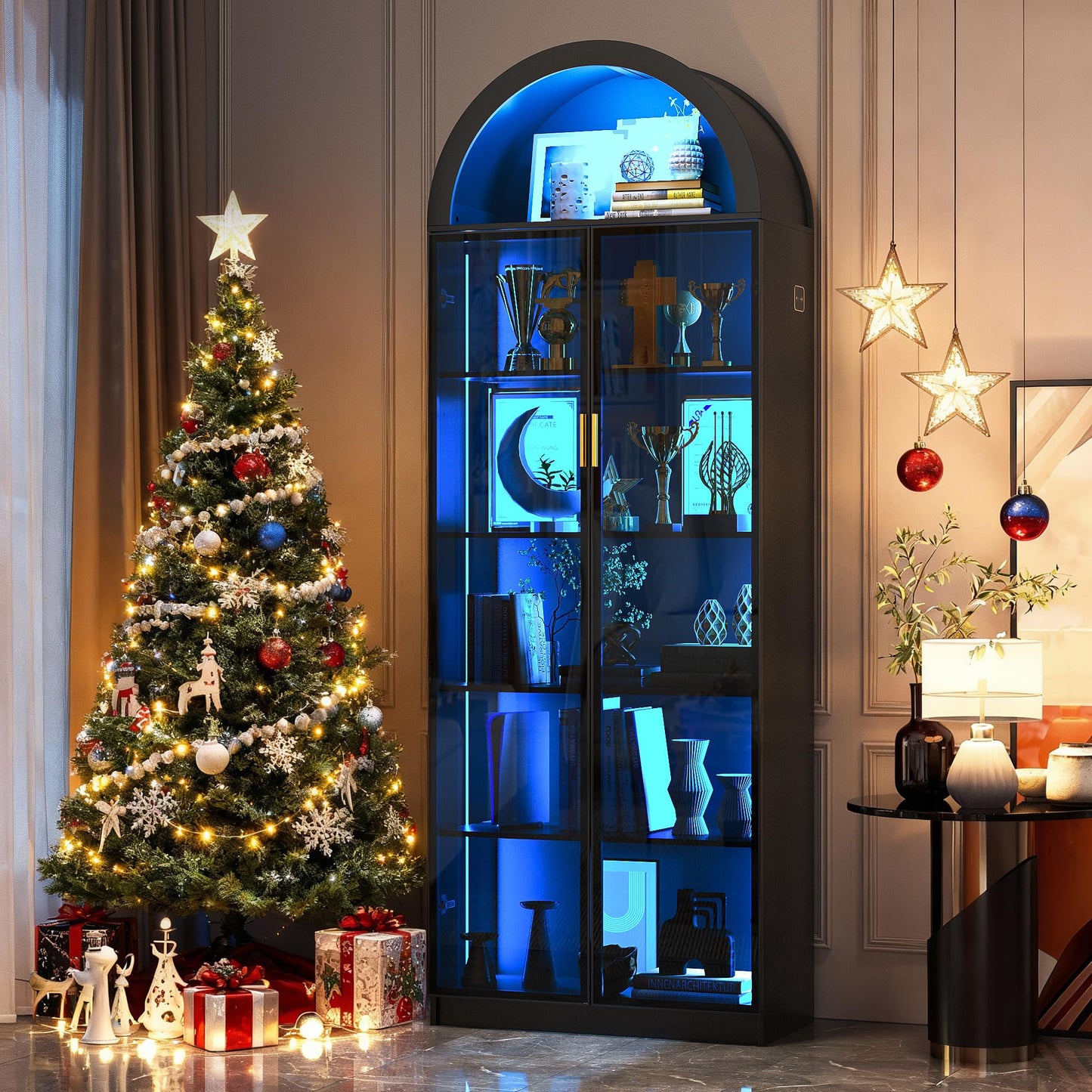 FREDEES Arch Display Cabinet with Doors and LED Lights, 195CM, Black