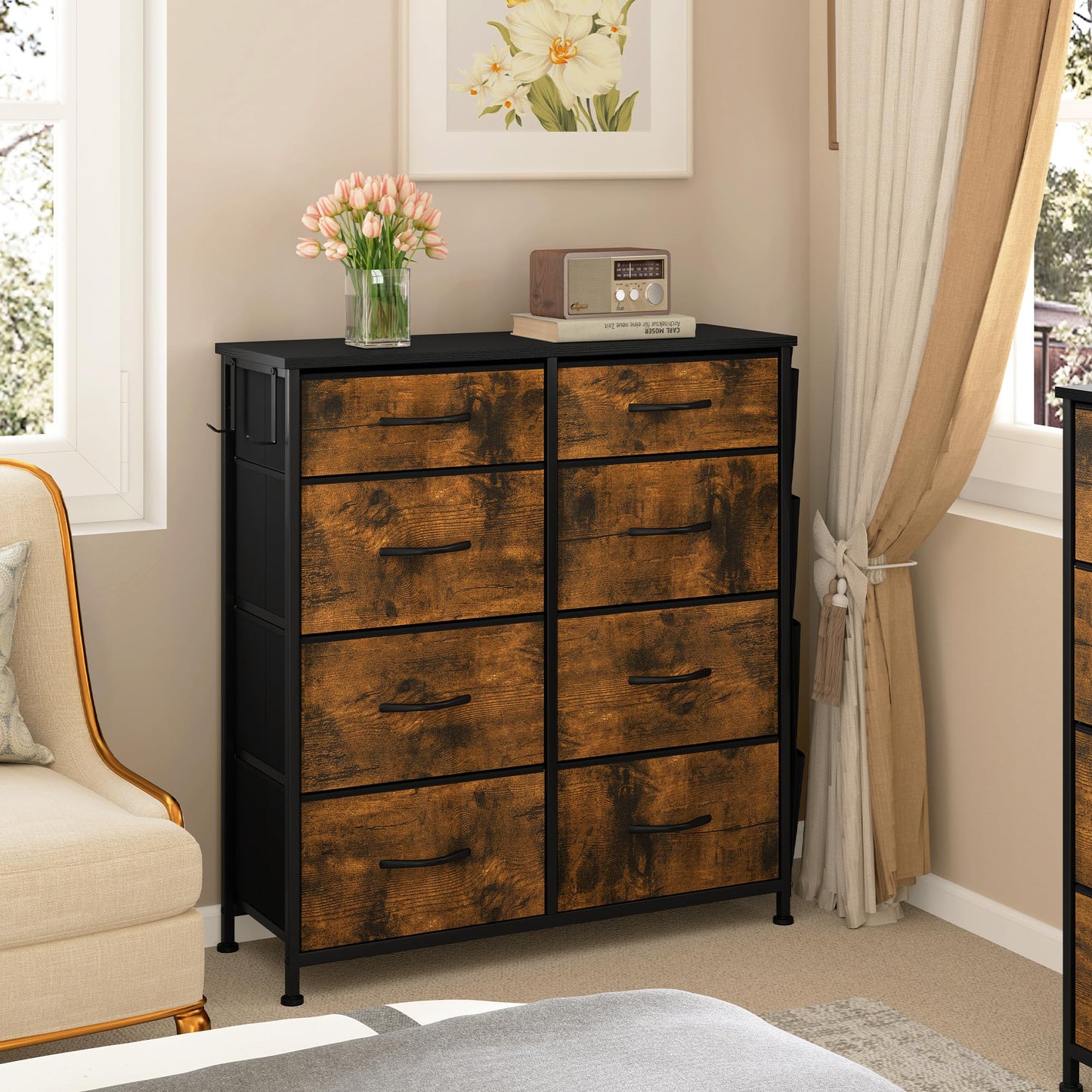 YITAHOME Chest of Drawers with 8 Drawers, Fabric Drawers with Side Pocket&Hooks,Easy Pull Handle,Sturdy Steel Frame,Storage Drawers for Bedroom