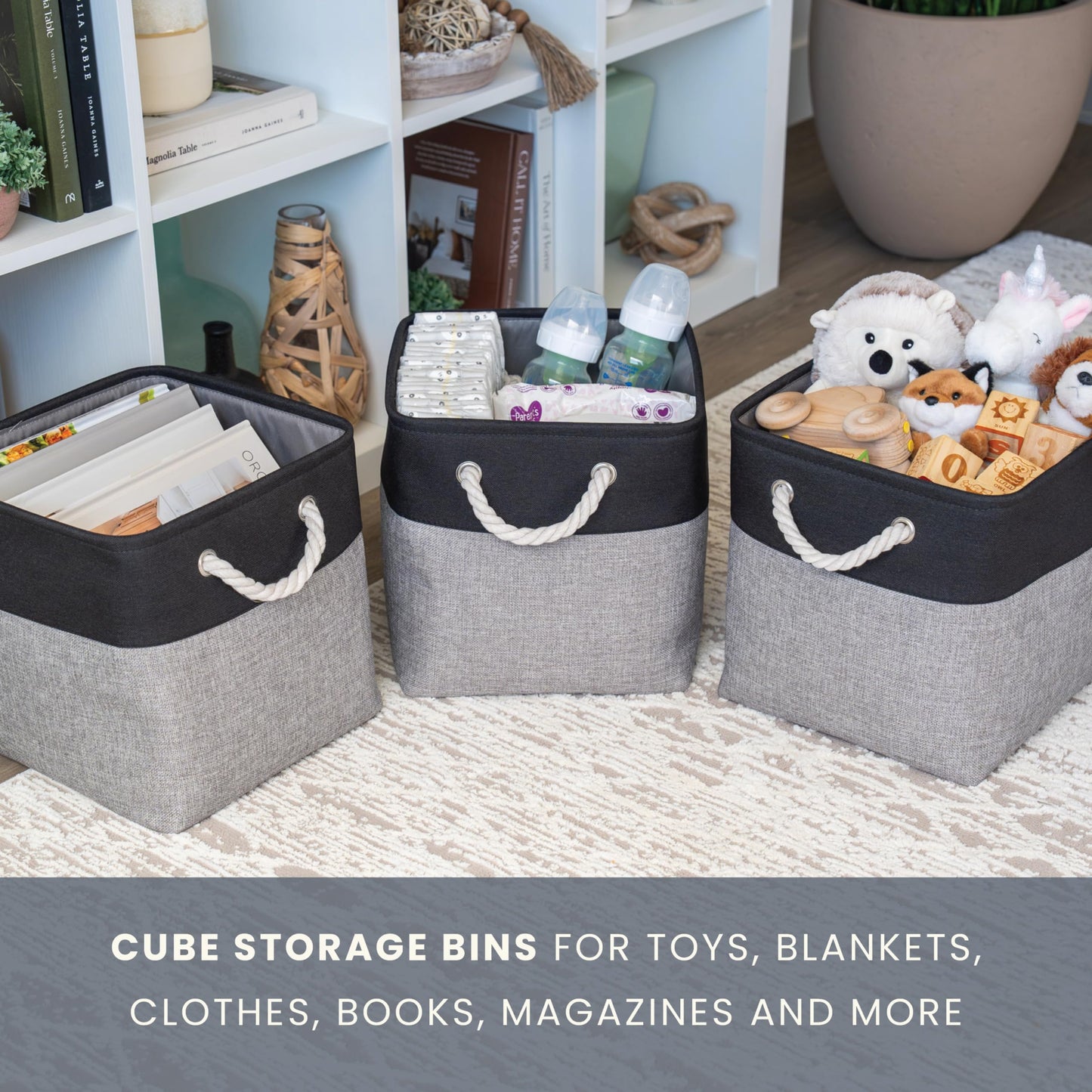 OrganiHaus Fabric Storage Boxes, Set of 4 Foldable 30X30 Cube Organiser Bins with Rope Handles for Shelves, Nursery & Closet