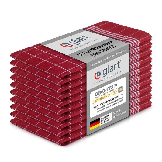 Glart 48RI2 Set of 10 Kitchen Towels 50x70 cm made of 100% Cotton in red, OEKO-TEX Standard 100 certified, lint-free, washable, prewashed for kitchen