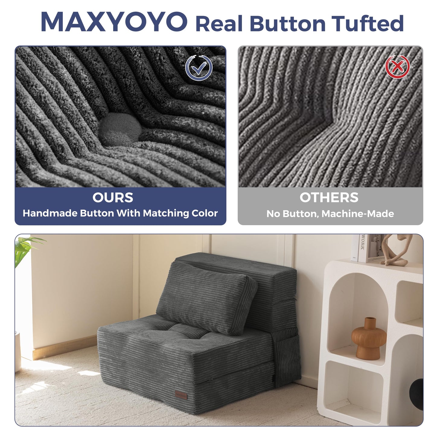 MAXYOYO Folding Foam Sofa Bed, Tri-Fold Mattress with 1 Pillow, Convertible Sofa Chair Futon Z Bed with 15cm Thincken Foam