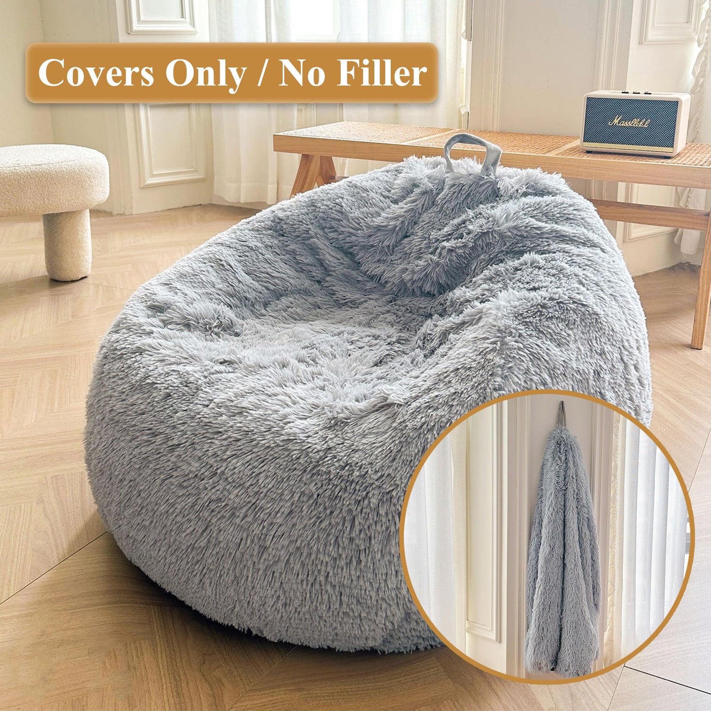 XeGe Faux Fur Stuffed Animal Storage Bean Bag Cover(No Filler), Light Grey