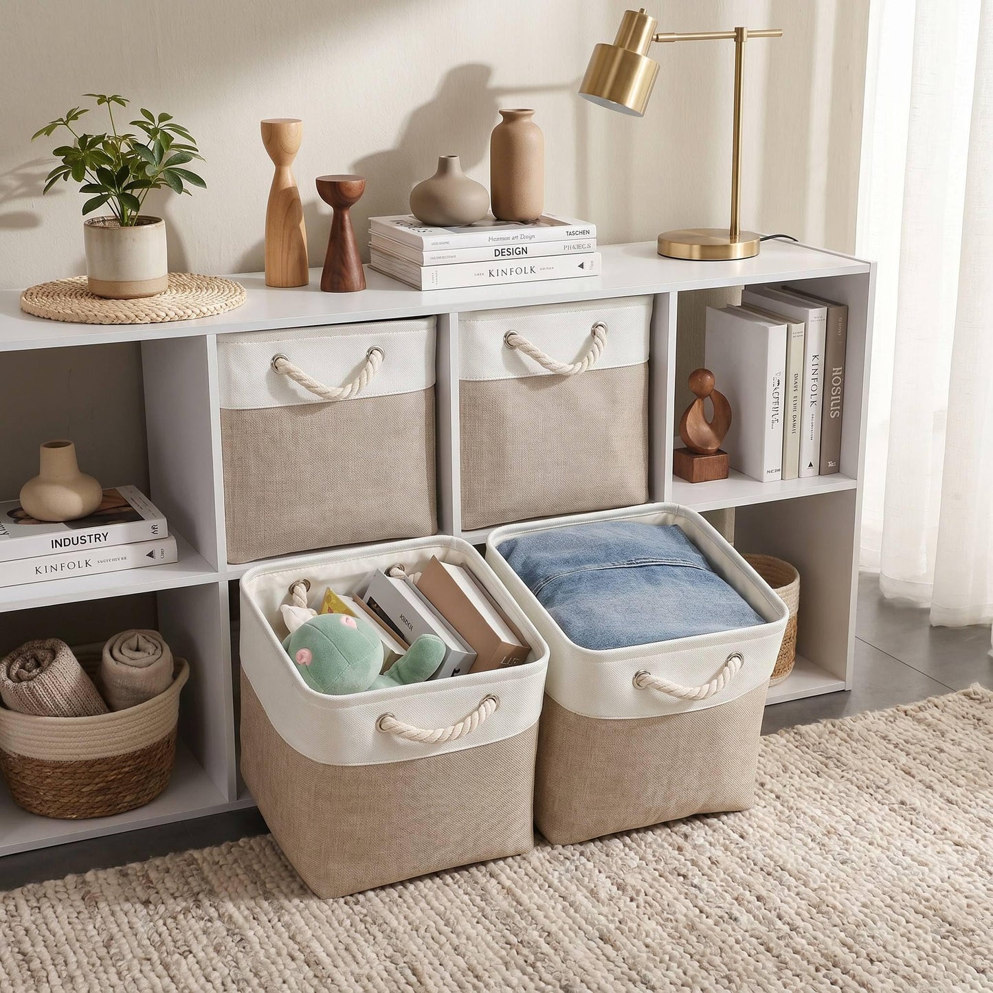 Mangata Canvas Storage Boxes, 28cm Cube Storage Bins Set of 6, Fabric Baskets with Cotton Rope Handle for Organizing Clothes Nursery Home