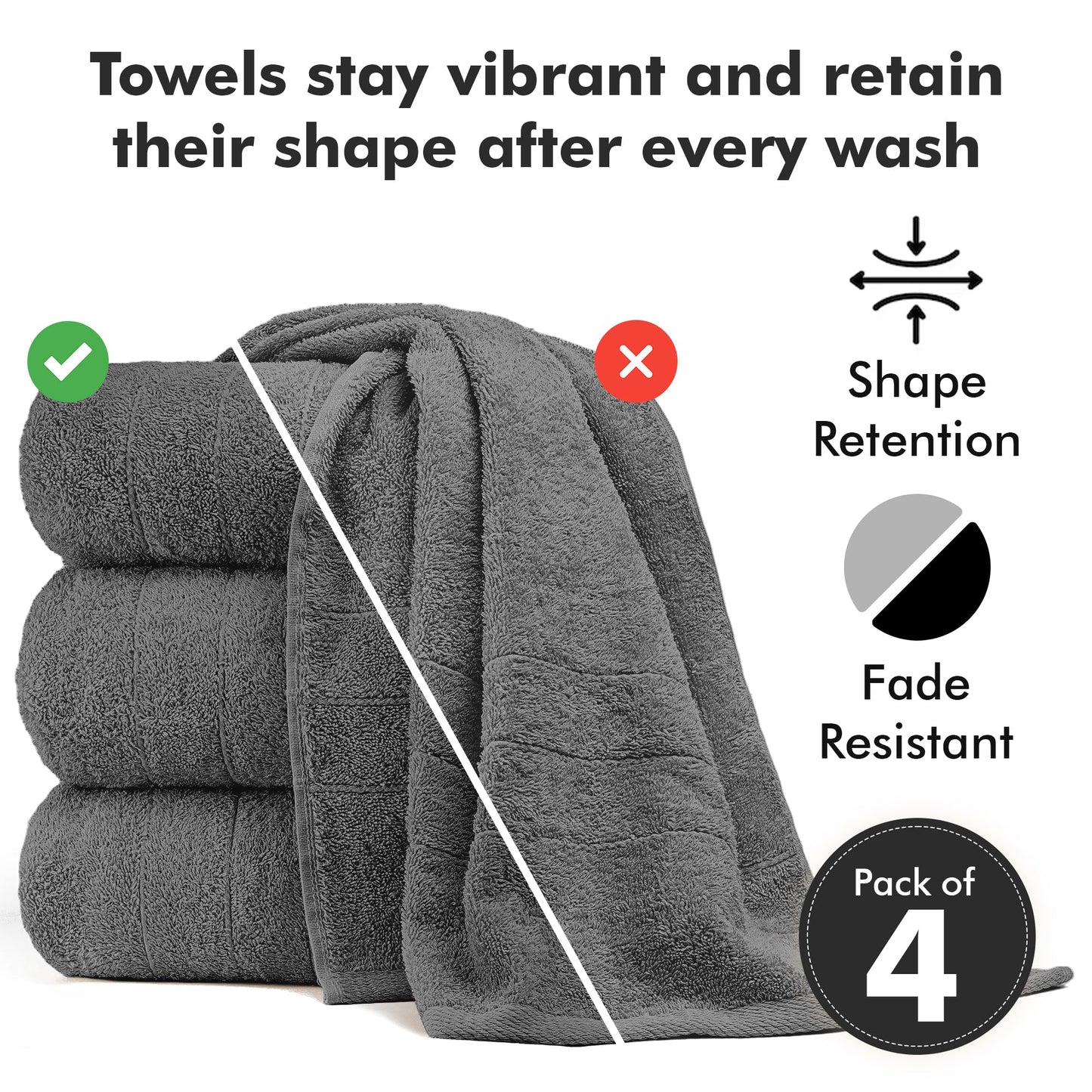 Novo Home Bath Towels Set of 4 – 550 GSM 100% Cotton Dark Grey Extra Large Towels for Bathroom, Spa Use (70x140 cm)