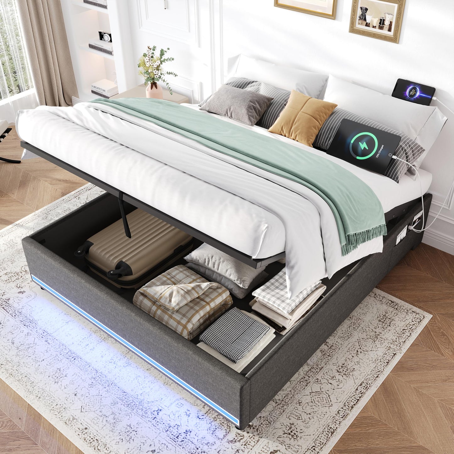 BTM 4ft6 Double Ottoman Storage Bed, No Headboard Linen Bed Frame with LED Lights, Charging, Side Pockets, Grey (No Mattress)