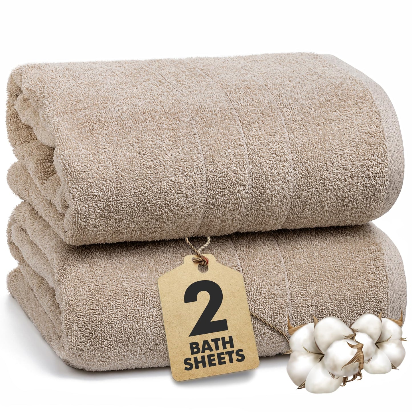 Novo Home Bath Sheets - Extra Large Bathroom Sheet Set – 550 GSM Pack of 2 Jumbo Towels Beige (90x180cm)