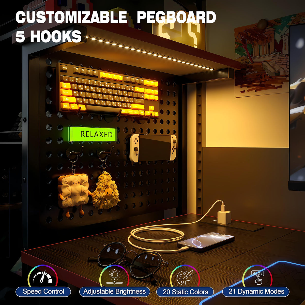 Xyphren Gaming Desk with Pegboard & Power Outlet & LED Light, Small Computer Desk with Reversible Shelves for Corner Home Office Desk, 120 * 50cm