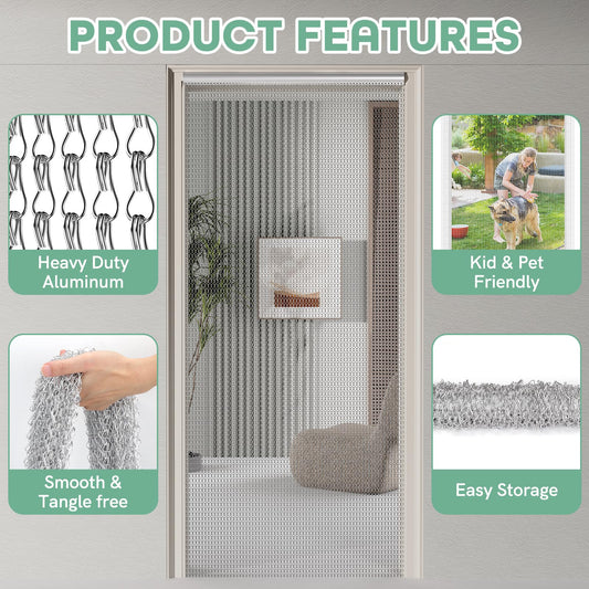 BriSunshine Premium Door Fly Chain Screens, 90 x 210cm Aluminium Chain Curtain Metal Fly Screen Curtain Insect Control for Doorways