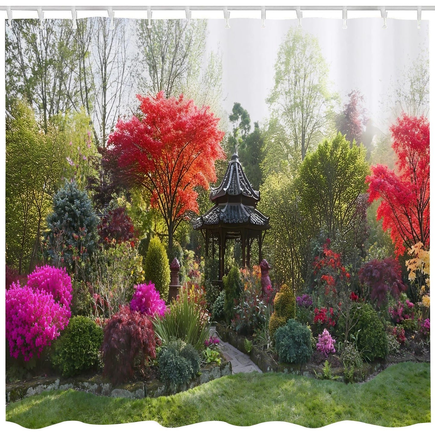 Qucarder 3D Garden View Flowers Trees Shower Curtain Outdoor Nature Scenery Bath Curtain Waterproof Shower Curtains for Bathroom Decor with 12 Hooks