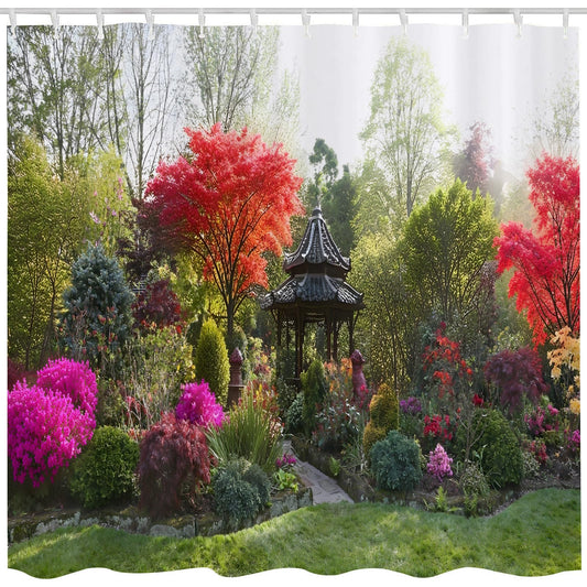 Qucarder 3D Garden View Flowers Trees Shower Curtain Outdoor Nature Scenery Bath Curtain Waterproof Shower Curtains for Bathroom Decor with 12 Hooks