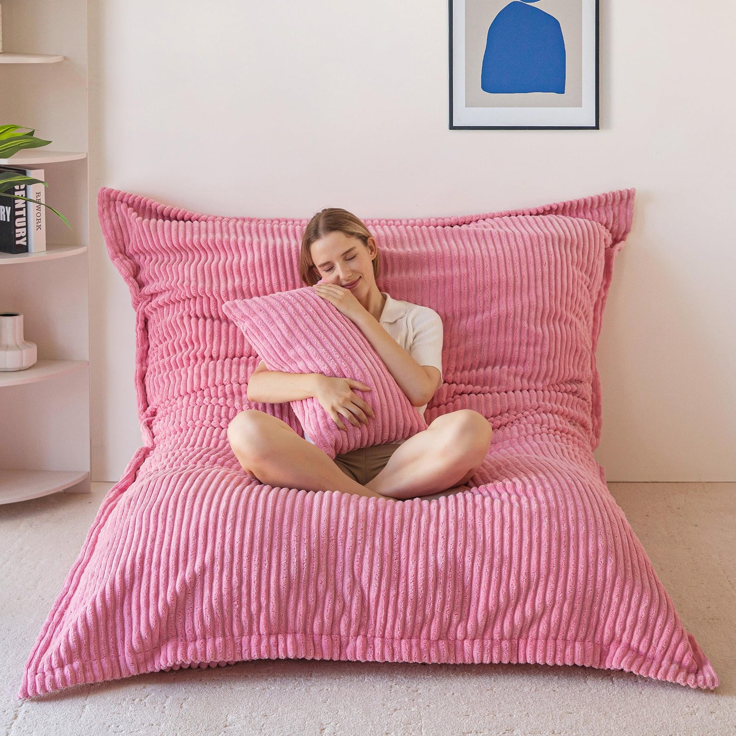 MAXYOYO Giant Bean Bag with Pillow, Soft Corduroy Removable Cover, Large Floor Cushion with Fluffy Foam Filling, BeanBag Chair for Adults & Kids