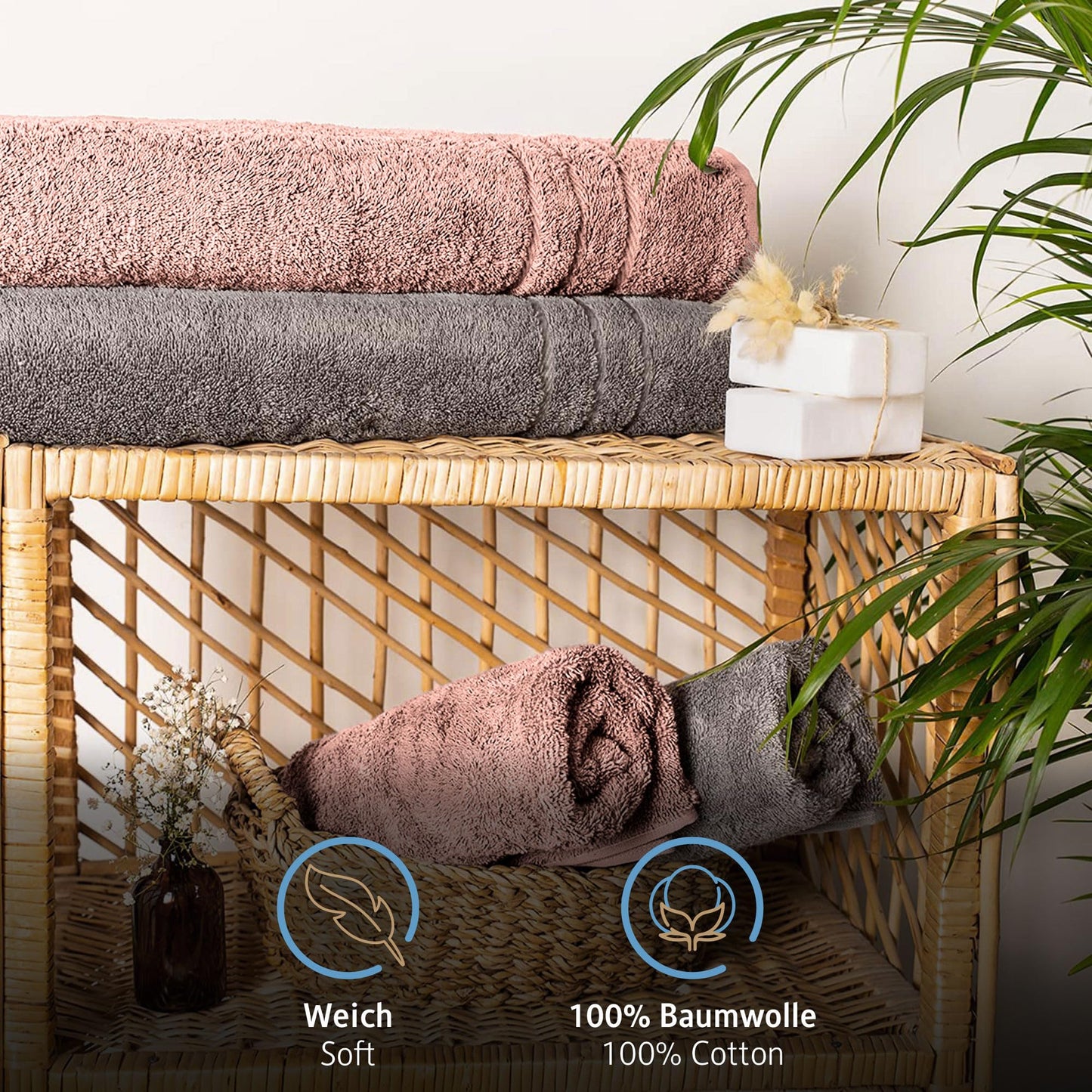 Komfortec Bath Towels, 100% Cotton, Quick Dry, 70x200, Grey & Pink