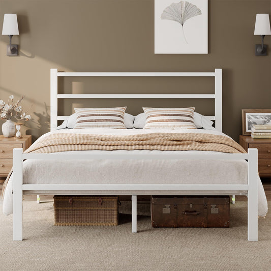 Feonase Metal Double Bed Frame With Stylish Headboard And Footboard,Bed Frame Double Bed,Easy Assembly, Ample Under-bed Storage Space,White