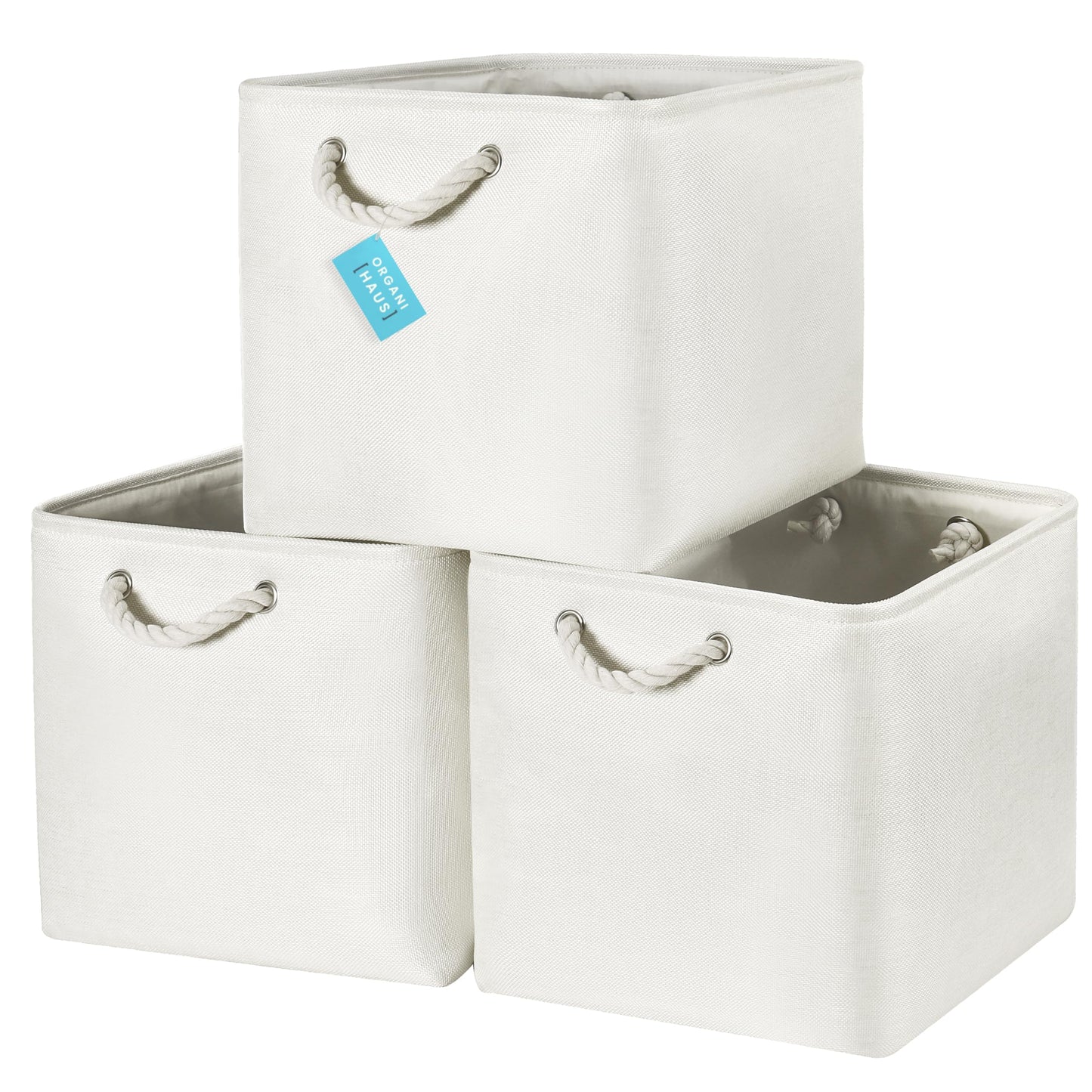 OrganiHaus Fabric Storage Boxes, Set of 3 Foldable 33X33 Cube Organiser Bins with Rope Handles for Shelves, Nursery & Closet