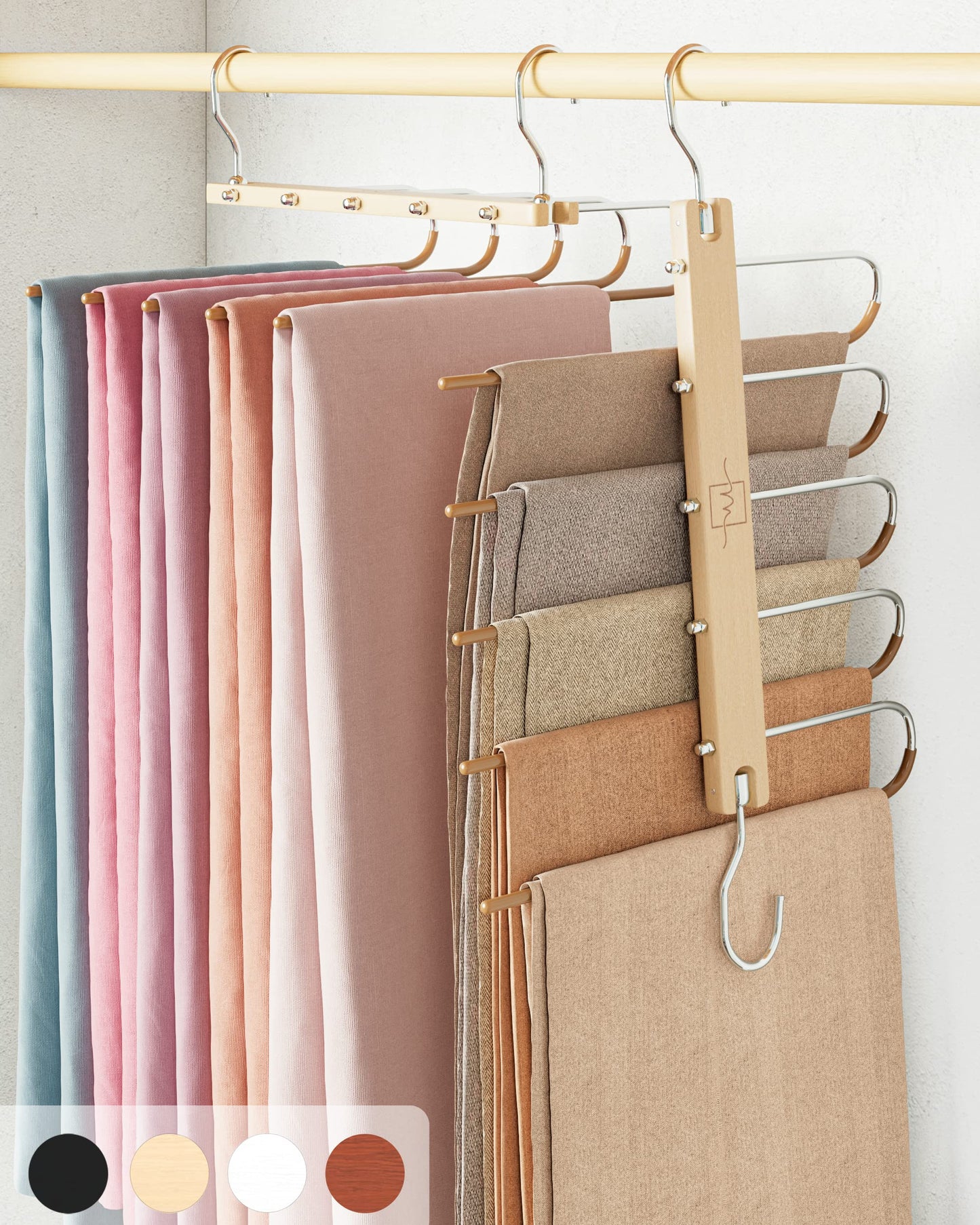MORALVE Trousers Hangers Space Saving - 2 Pack European Beechwood Scarf and Jeans Hangers - Wardrobe Organiser and Space Saver Trouser Rack